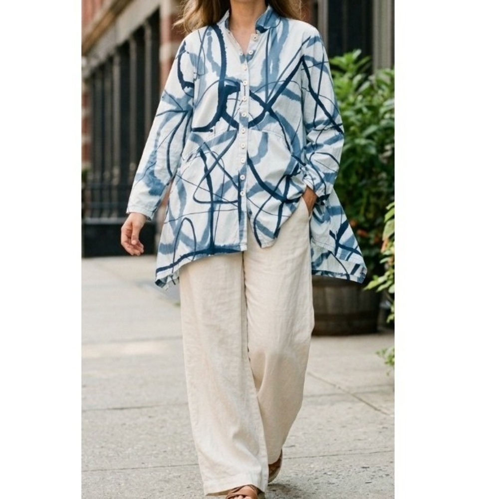 Blue Sky Clothing Co Art to Wear Cotton Abstract Batik Tunic Shirt Blue Large